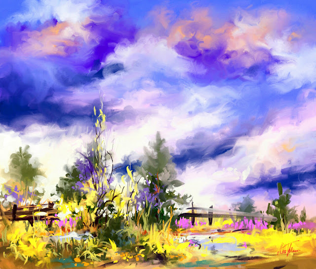 Spring morning digital colorful landscape painting by Mikko Tyllinen