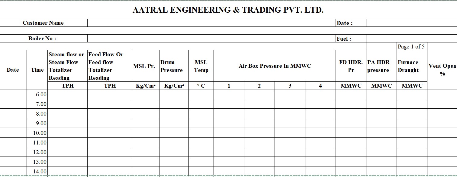 LOG SHEET FOR FBC BIDRUM BOILER