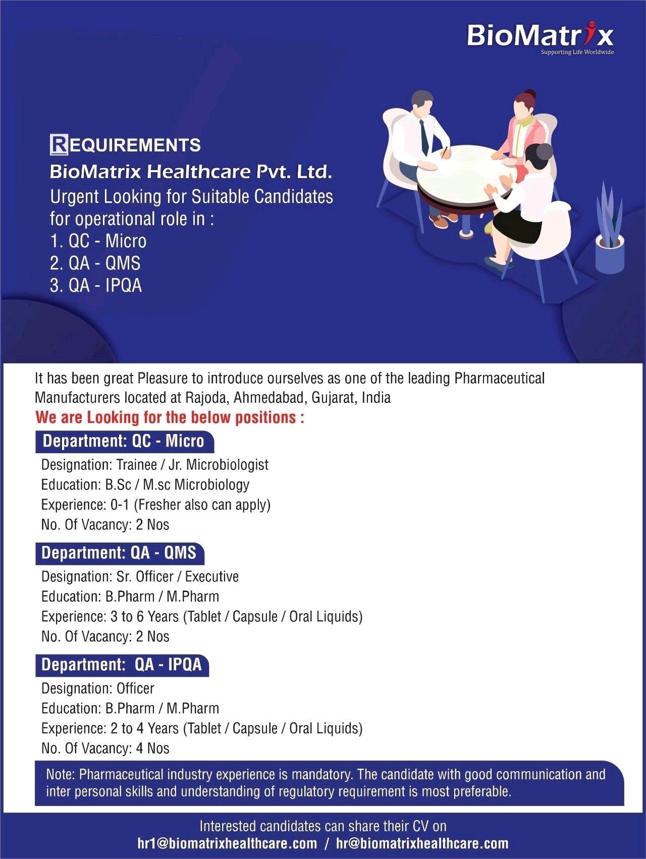 BioMatrix Healthcare Pvt. Ltd Urgent Openings for QCMicro / QA (QMS