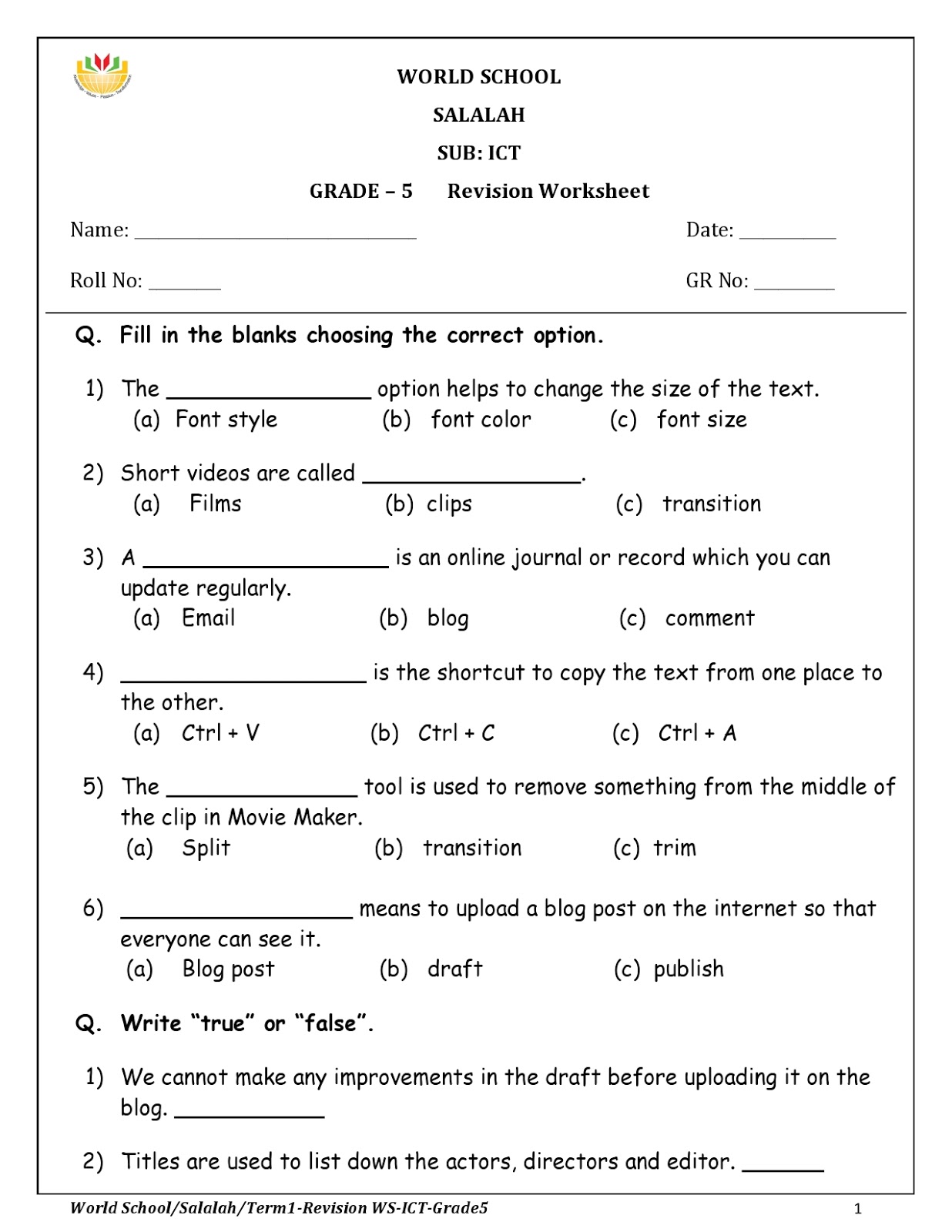 Birla World School Oman: Homework for Grade 5 as on 10/12/2017