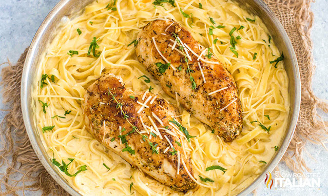 overhead image: pan seared chicken with pasta in a skillet