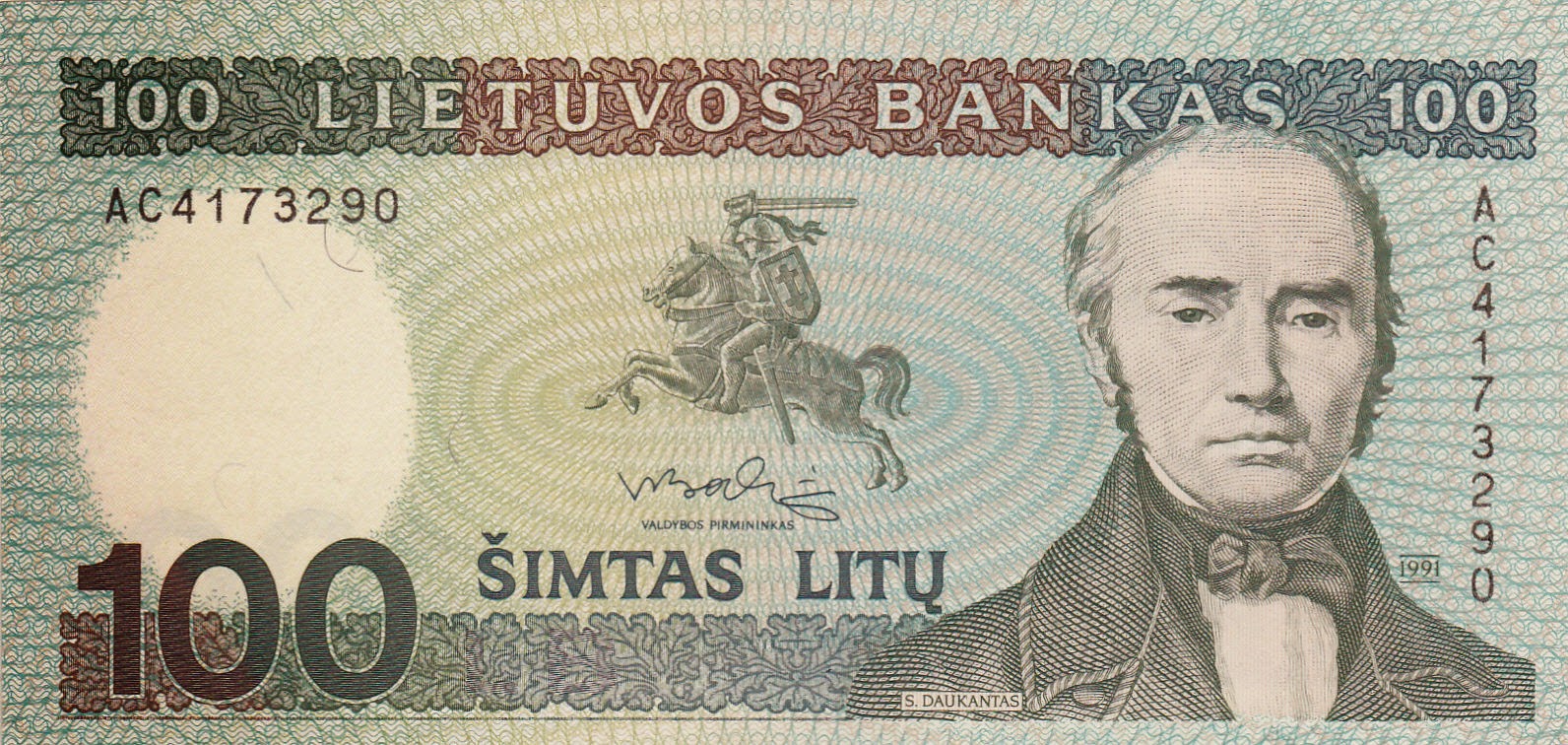 Lithuania 100 Litu banknote 1991 Simonas DaukantasWorld Banknotes