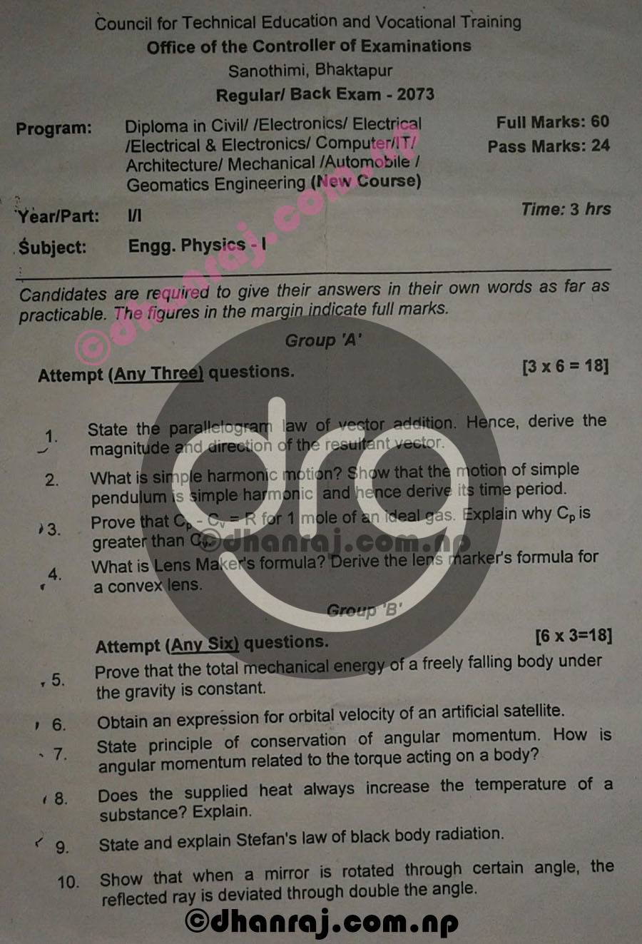 Engineering PhysicsI Question Paper 2073 CTEVT Diploma 1st Year