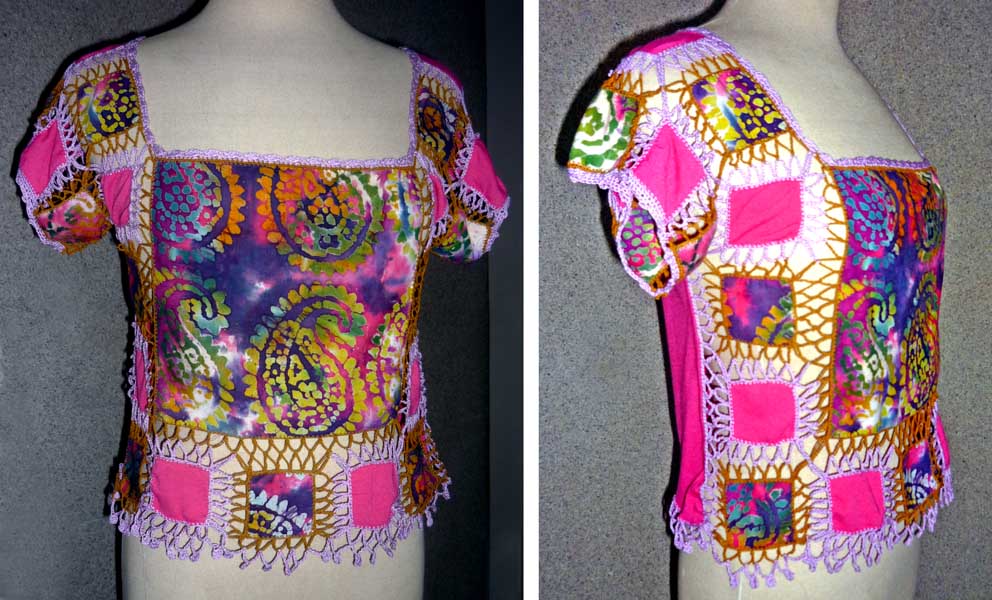 Tejidos Carmesí: Blusa tejida a crochet aplicaciones de tela estampada a mano y tela jersey, talla S