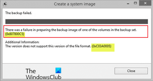 Errori di backup dell'immagine di sistema 0x807800C5 e 0xC03A0005