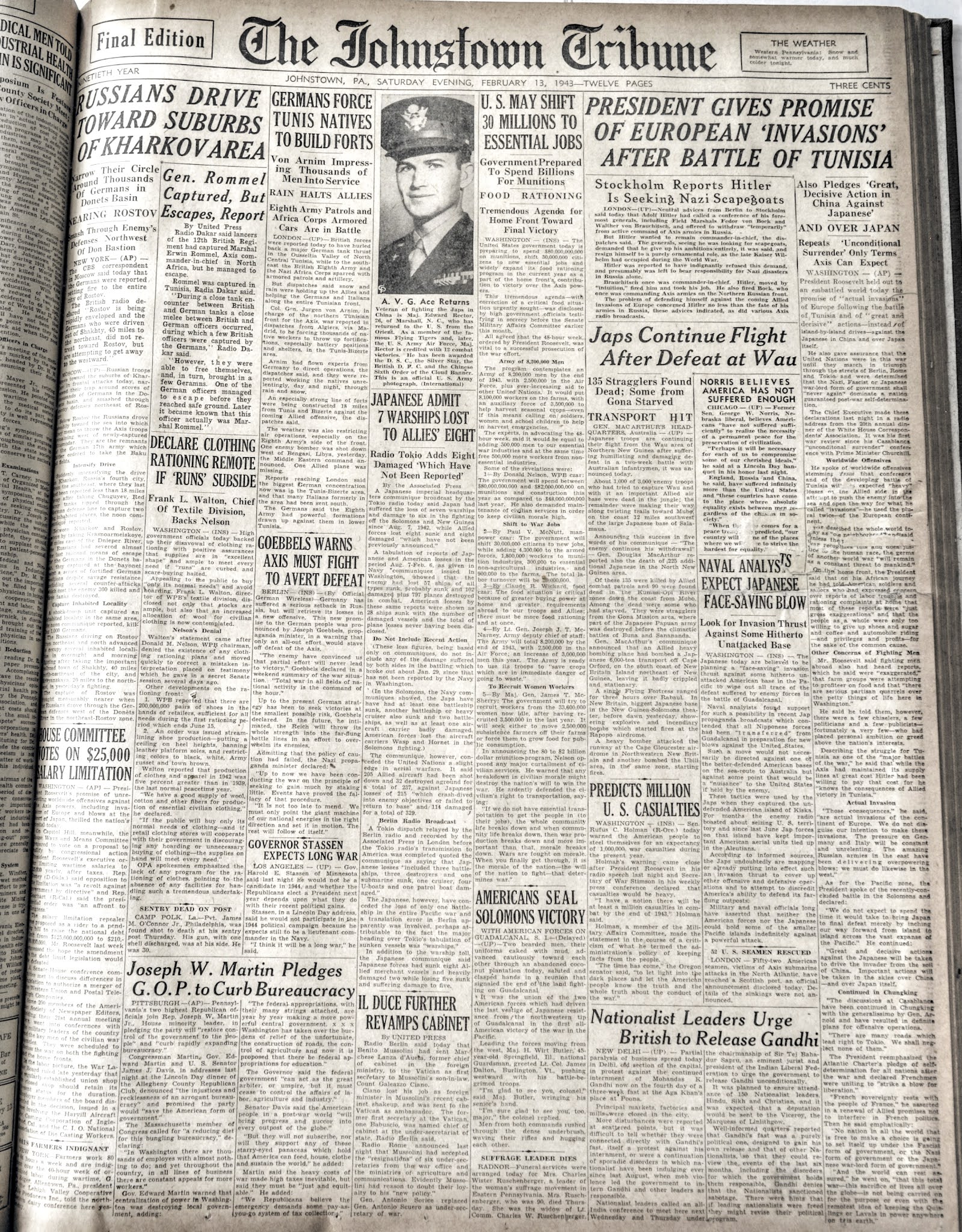 The Johnstown Tribune WWII 13 February 1943 The Johnstown Tribune