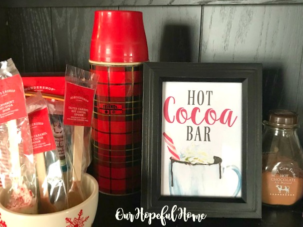 hot cocoa bar sign red plaid thermos