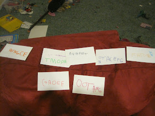 Flashcards with "names" written by a four-year-old.