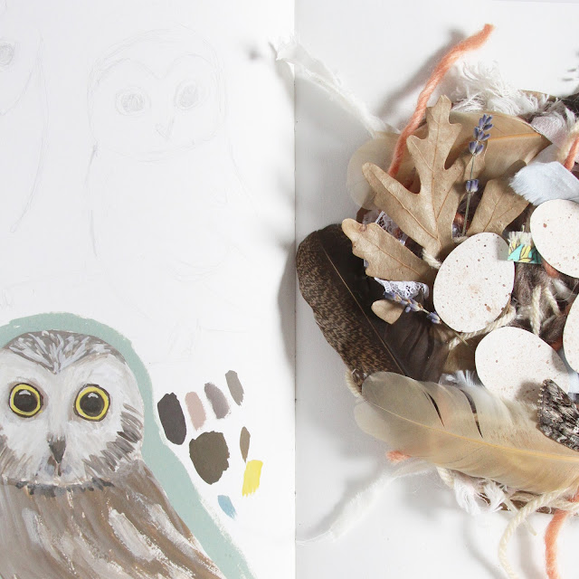 2x2, 2x2 Sketchbook, gouache, collage, mixed media, owls, nests, collaboration, Dana Barbieri, Anne Butera