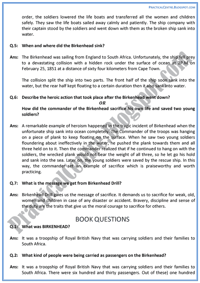 The Birkenhead Drill (Prose) Questions Answers English XI