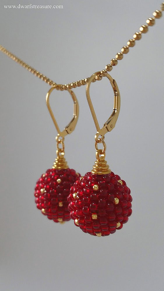 rich red and gold polka dot beaded ball earrings