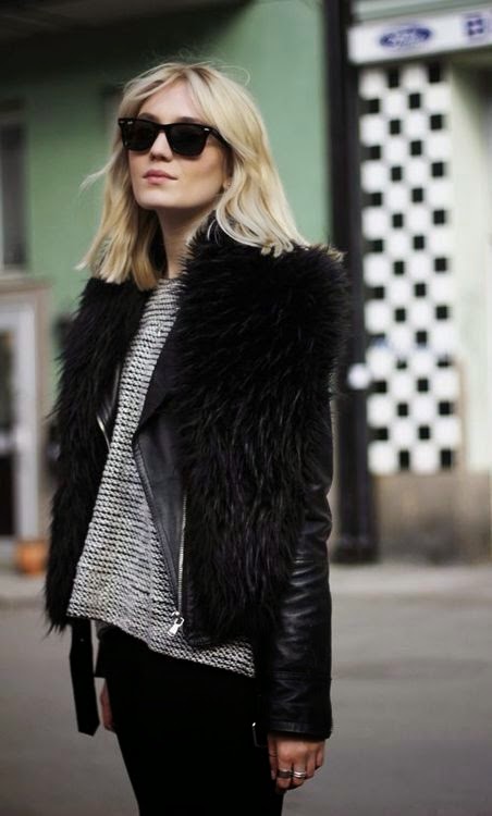 Street style faux fur vest over leather jacket | Luvtolook | Virtual