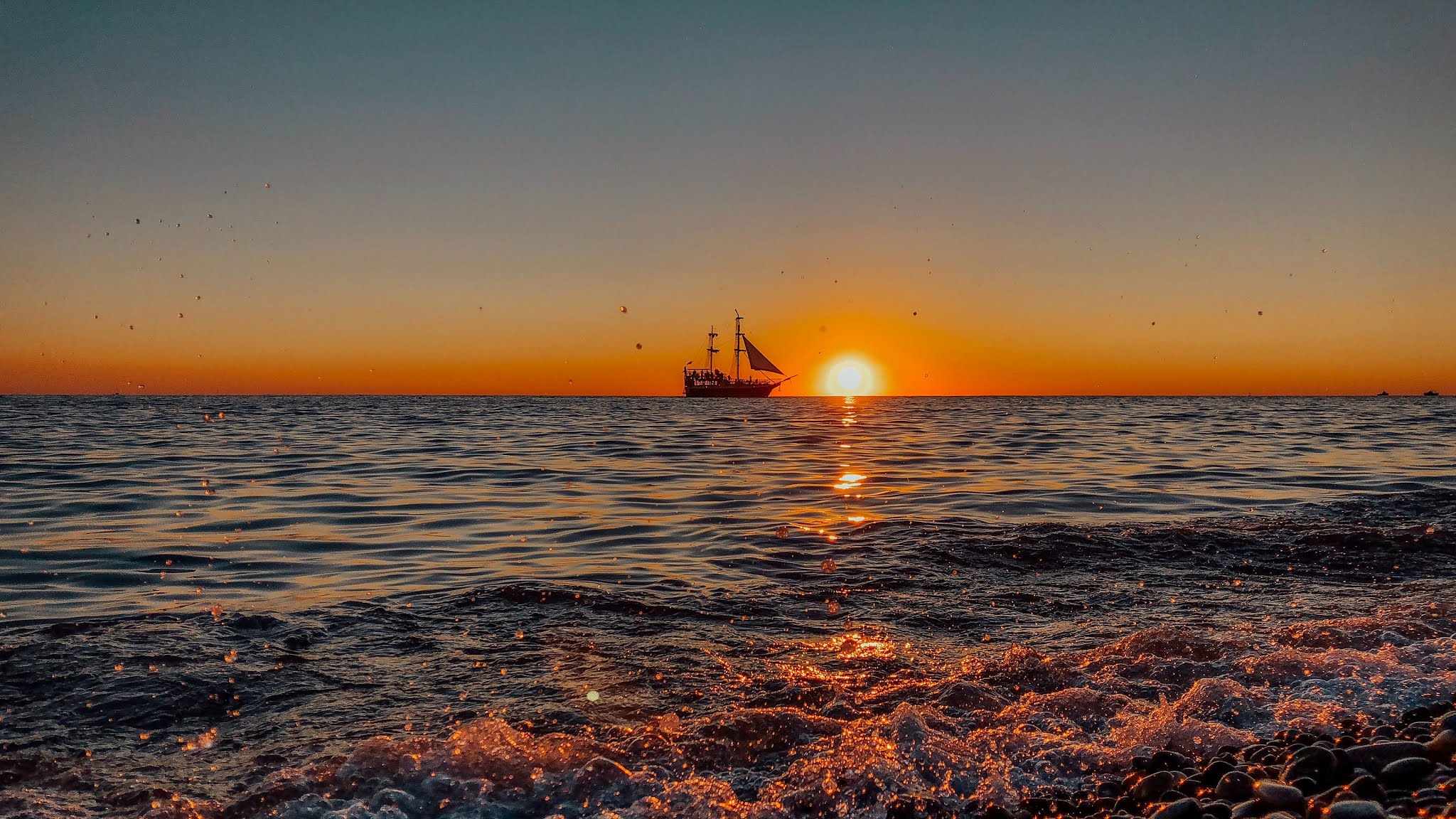 Ship, Sunset, Horizon, Sea