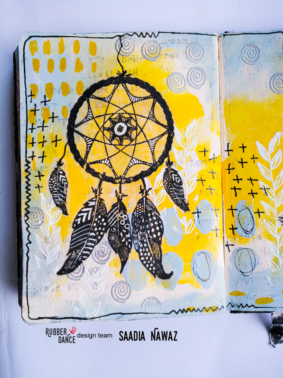 An art journal spread tutorial with Dream Catcher stamp by Saadia Nawaz