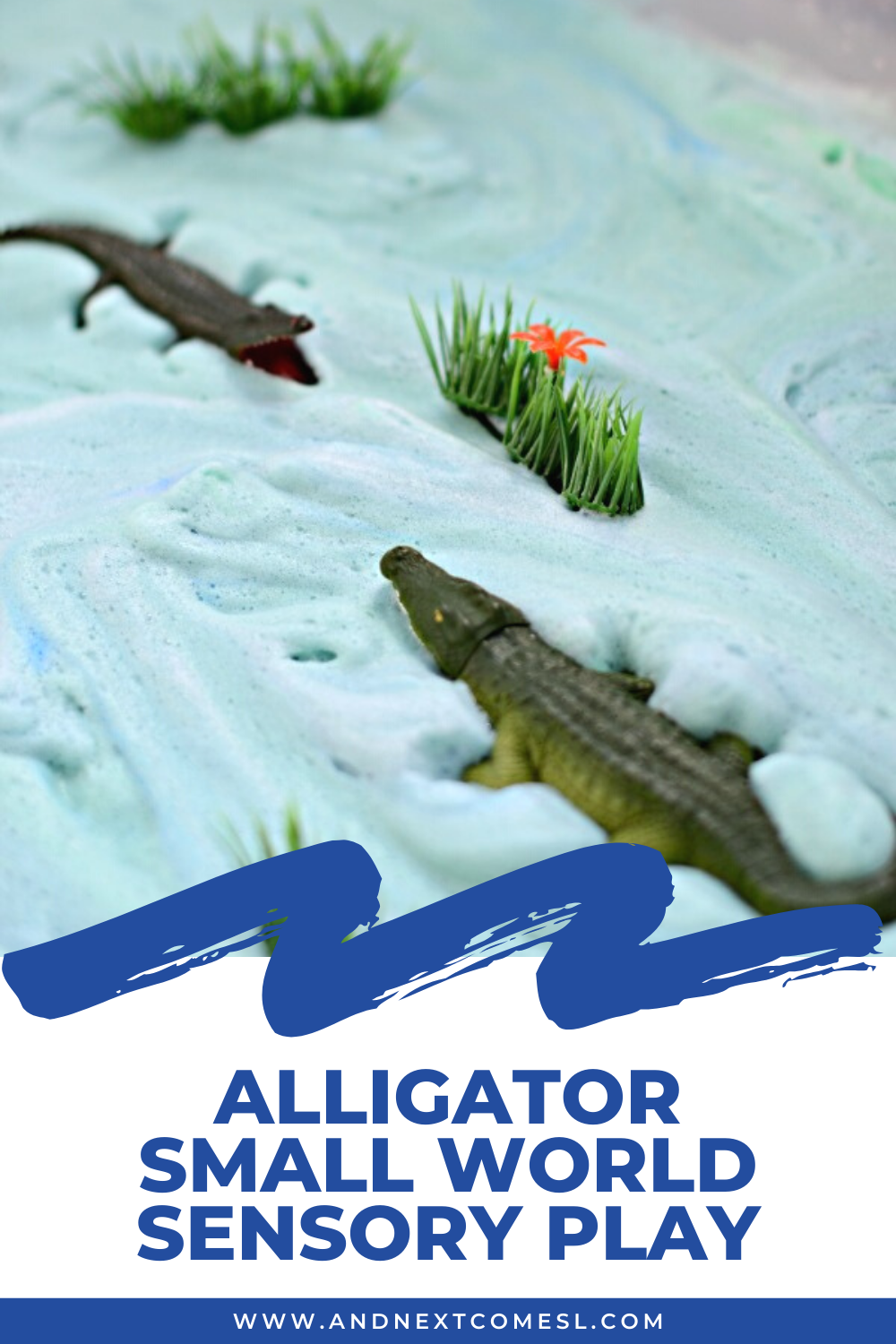 Alligator swamp sensory bin and small world activity for toddlers and preschool kids