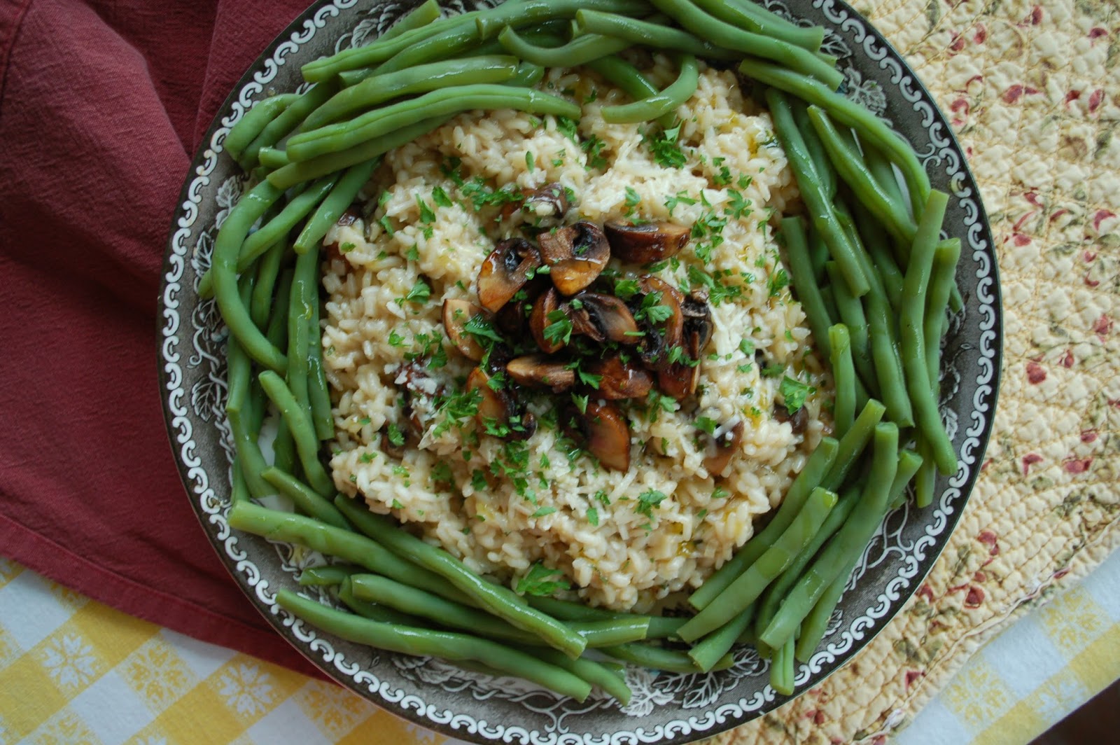 The Spice Garden Risotto with a Crown of Green Beans and Mushrooms