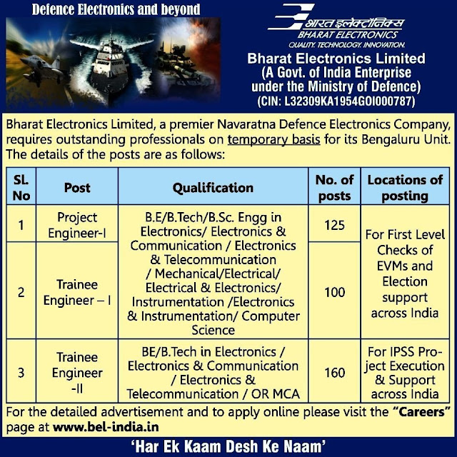 Bharat Electronics Limited 85 Posts Recruitment of Project Engineer