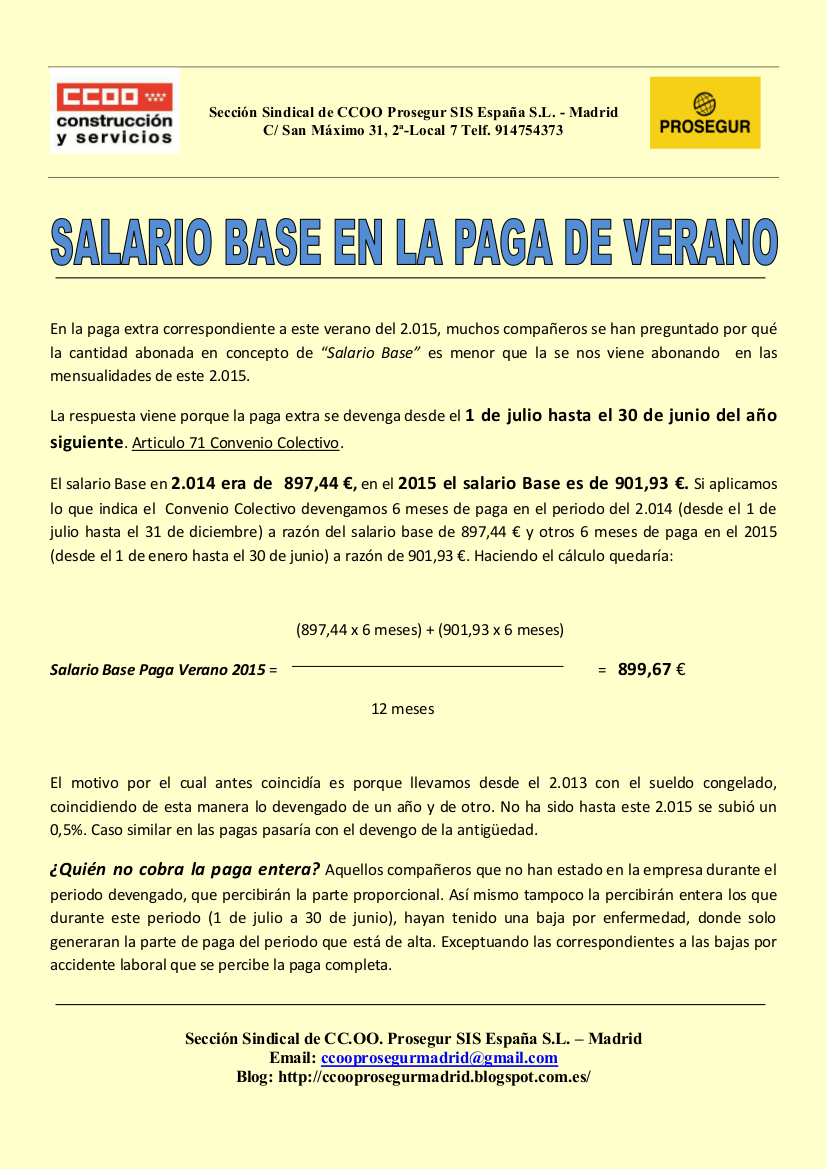 CC.OO. PROSEGUR MADRID SALARIO BASE EN LA PAGA DE VERANO