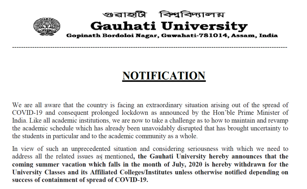 Gauhati University Withdraws Summer Vacation Amid Lockdown Extension