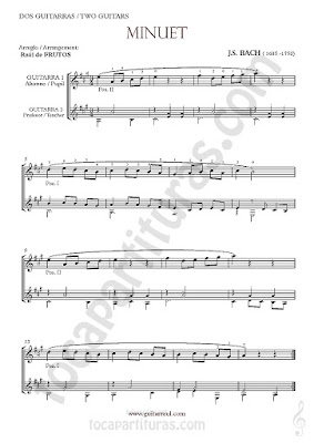Partitura para dos guitarra del Minuet de Johan Sebastian Bach para alumnos/as y profesor/as de guitarra. Minuet by Bach Sheet Music for Guitars beguinners and guitar teachers. Podéis utilizarla en vuestras clases de guitarra
