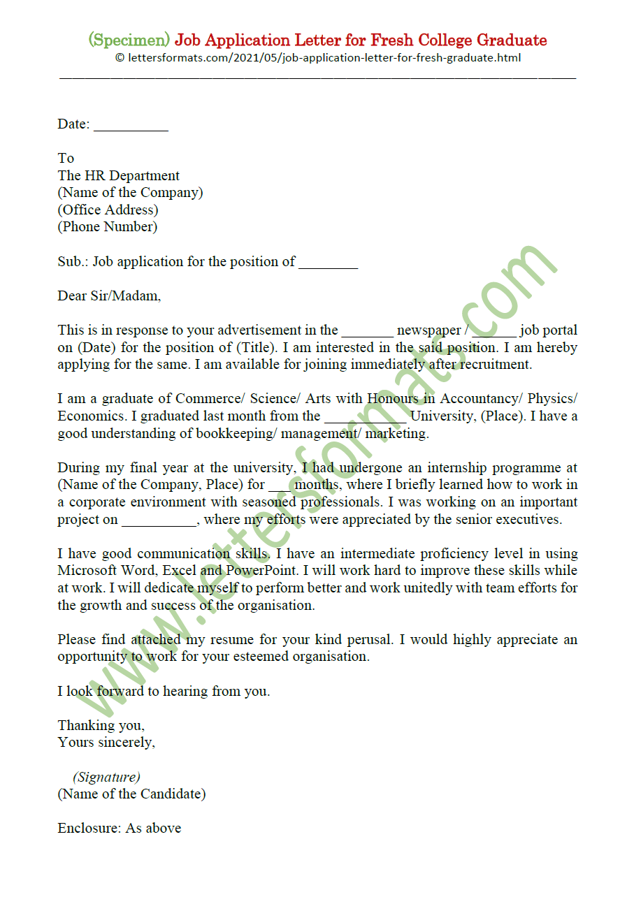 sample cover letter for job application for fresh graduate