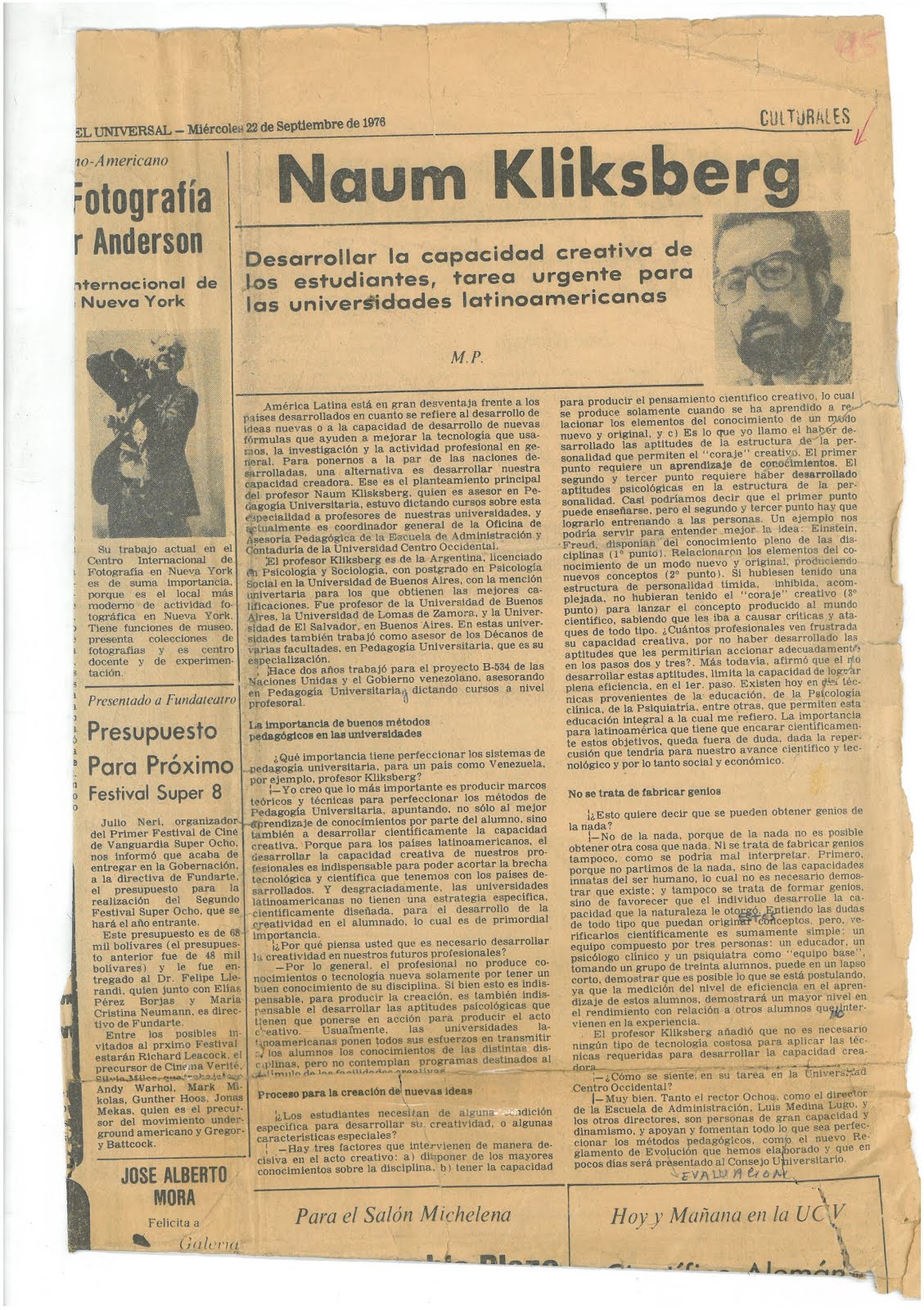 13 -PERIODICO EL UNIVERSAL (el más importante de Venezuela) REPORTAJE A NAUM KLIKSBERG, 22/9/1976