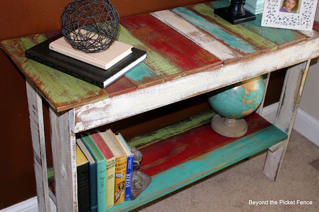 Pallet Sofa Table, Reclaimed Wood http://bec4-beyondthepicketfence.blogspot.com/2012/03/palatable.html