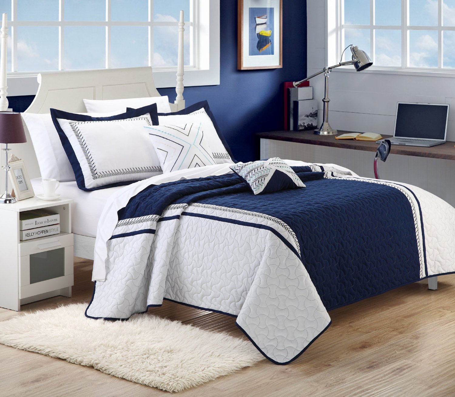 Navy Blue and White Comforter and Bedding Sets