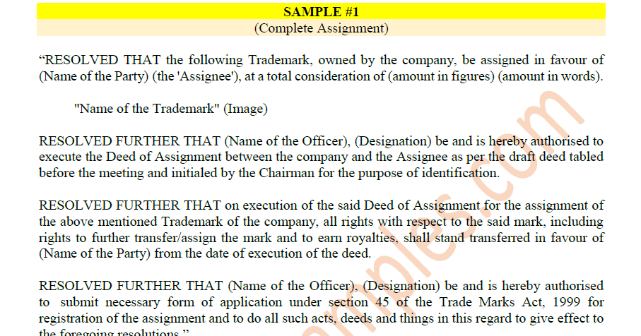 board resolution for assignment of trademark