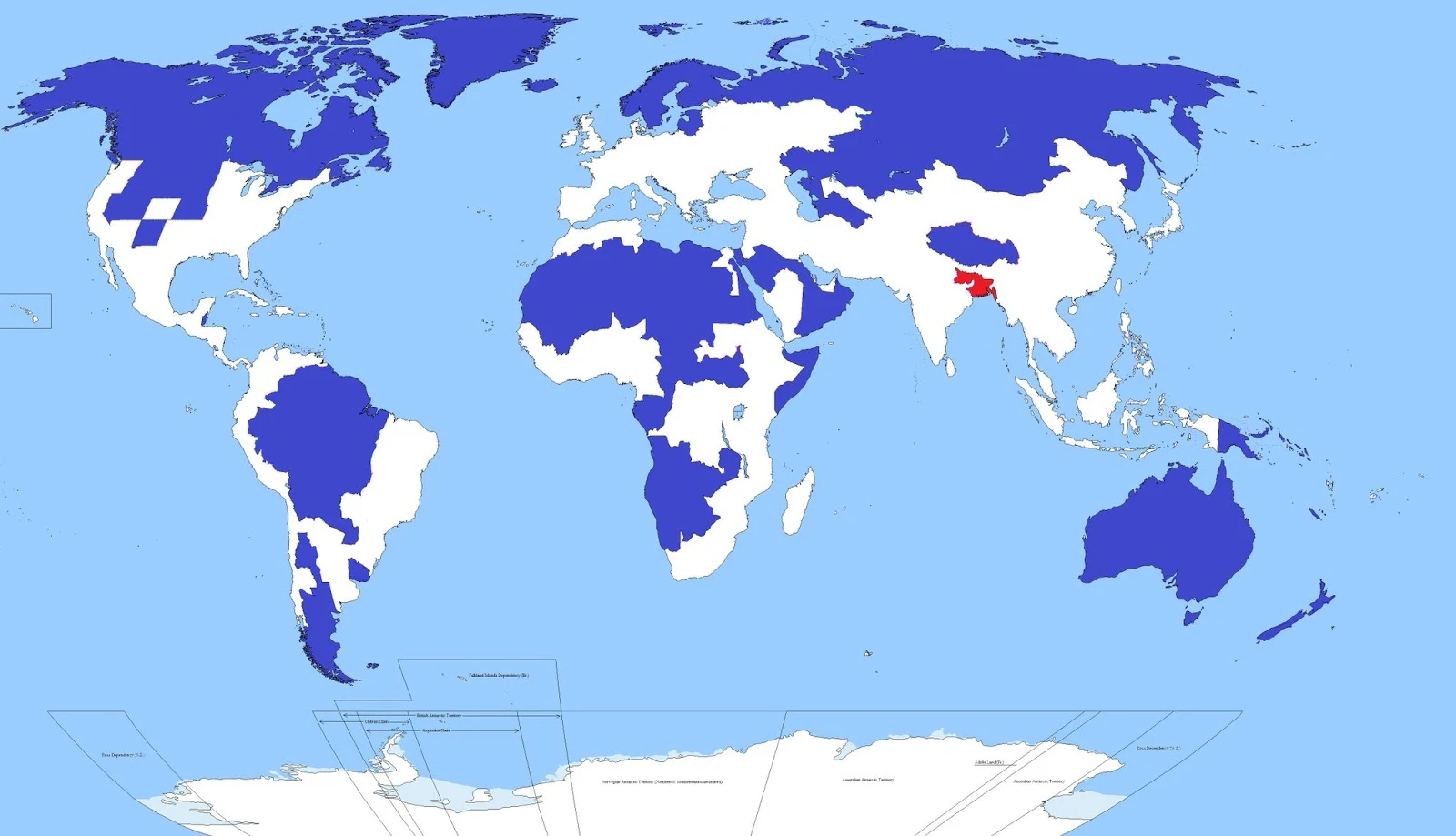 5% of the worlds population lives in the blue shaded area, 5% also lives in the red shaded area