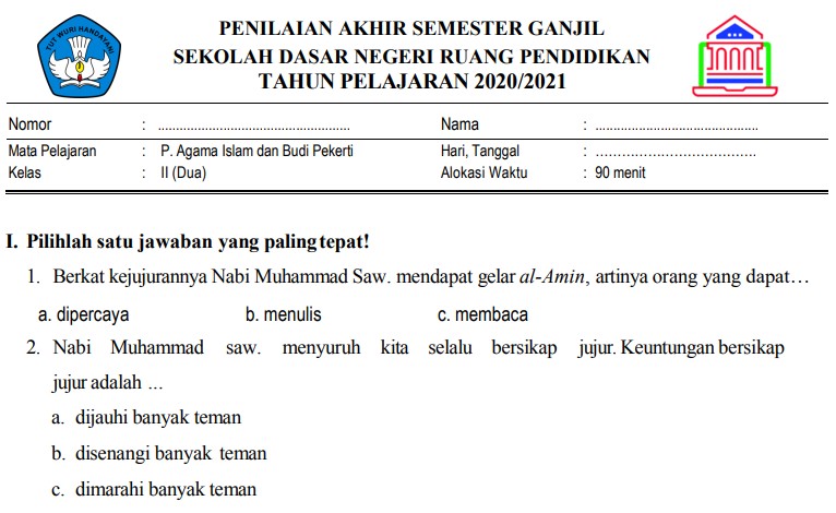 Soal Btq Kelas 2 Semester 1 2020