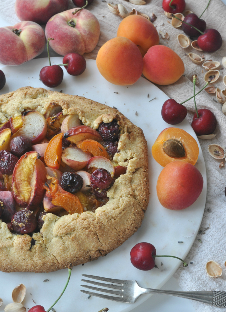 Galette with stone fruits, pistachios and lavender, a gluten free treat for those long summer days