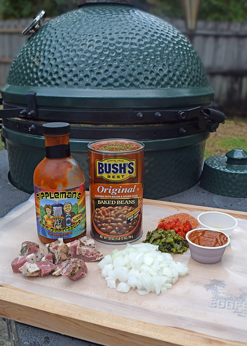 Baked BBQ Beans on the kamado grill featuring Bush's Beans