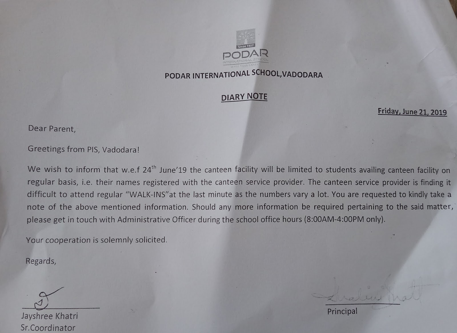 PIS BARODA STD3 Circular regarding canteen facility
