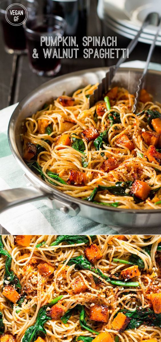 This simple pumpkin, spinach and walnut spaghetti makes an ideal mid-week dinner. It's light, quick to prepare and tastes delicious. It's vegan and can be made gluten-free too.