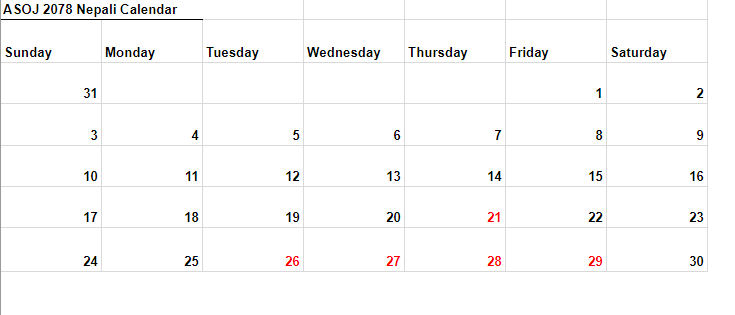 Asoj 2078 Nepali Calendar