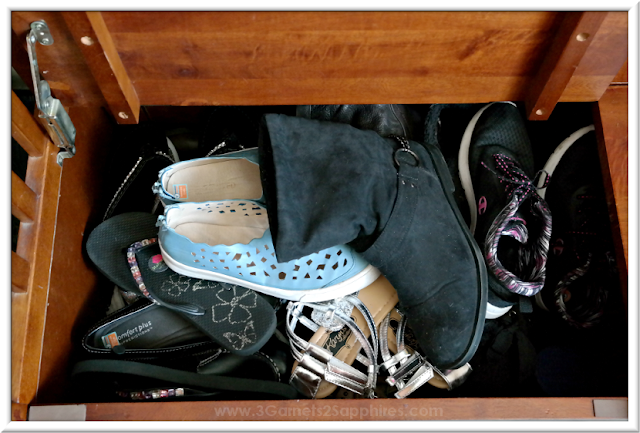 Messy Shoe Bench Before Photo |  3 Garnets & 2 Sapphires