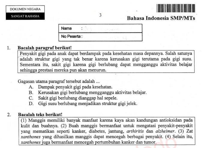2 Paket Soal Un Bahasa Indonesia Smp Mts Tahun 2016