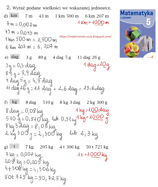 Zad.2 str. 149 "Matematyka z plusem 5"  - różne sposoby zapisywania długości i masy