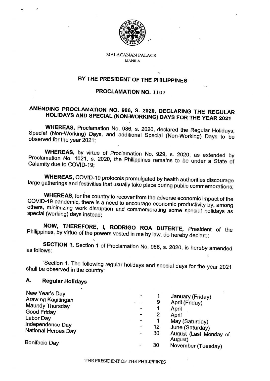 Revised [New] Philippine Holidays Proclamation No. 1107 for 2021