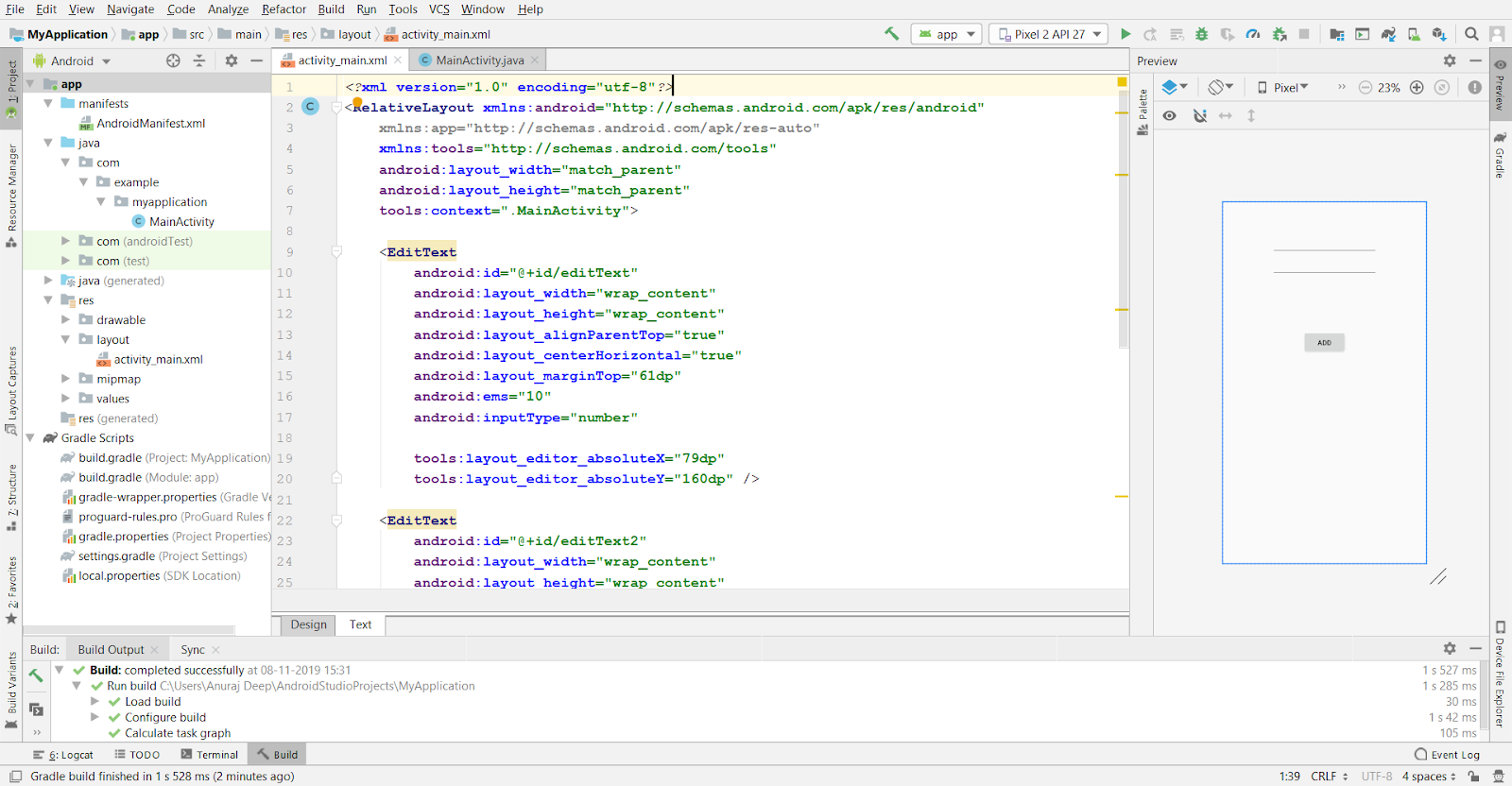 Android Studio: Adding two numbers (Java Code)