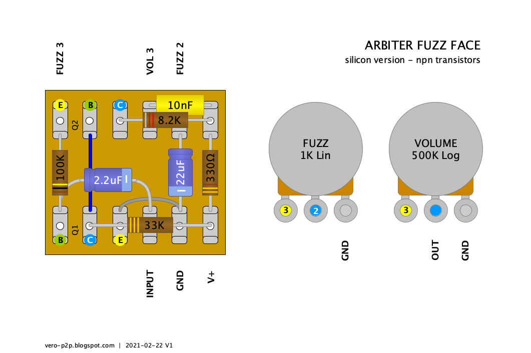 Guitar Effects - Vero - Point to Point - Tag Board Layouts: ARBITER: Fuzz  Face, Tag Board Layout