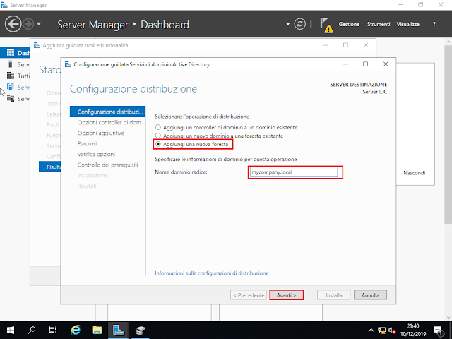 Windows Server 2019, Aggiungi una nuova foresta