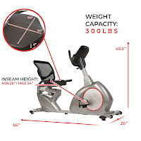 Sunny Health & Fitness SF-RB4880 Recumbent Bike's dimensions, measures 66" long x 26" wide x 45.5" high, 300 lbs user weight capacity, inseam height range from 28” up to 34”