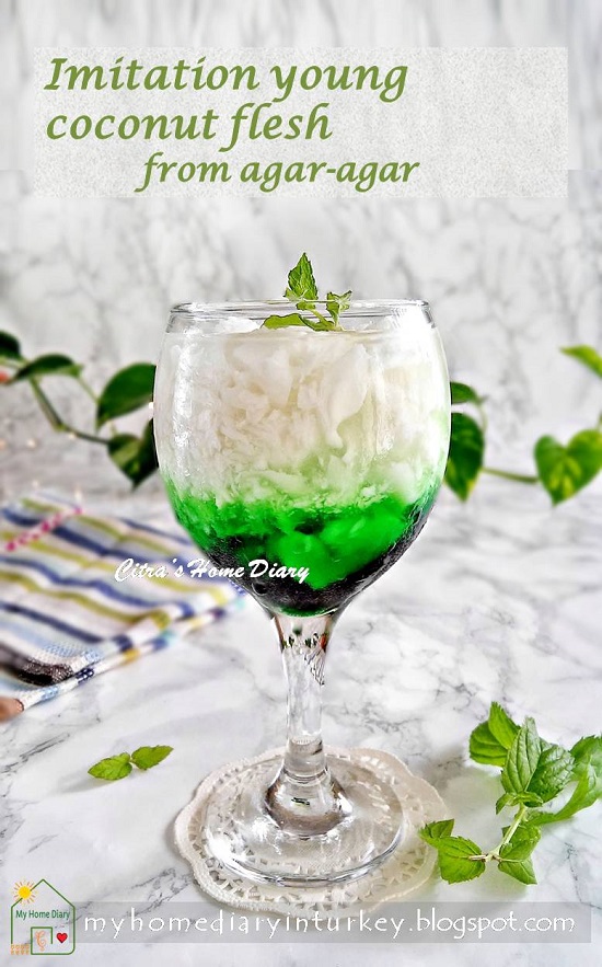 Indonesian beverage; Synthetic  young coconut flesh from agar-agar in cocopandan syrup / Es kopyor sintetis | Çitra's Home Diary. #cocopandansyrup #eskopyor #coconutmilk #vegan #coconutdrink #youngcoconutflesh #summerdrinkrecipe #nonalcoholdrink