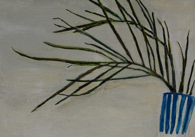 Still-life with Two Water-pots. Detail of leaves. Sarah Myers still-life, art, arte, painting, water-pots, ceramics, pintura, natura, morte, grapes, pitcher, pottery, vessel, leaves, fruit, water, acrylic, canvas, large, colours, painted, sarah, myers, artist, palm, palms, fronds, decor, yellow, blue, red, close-up, detail, green, contemporary, modern