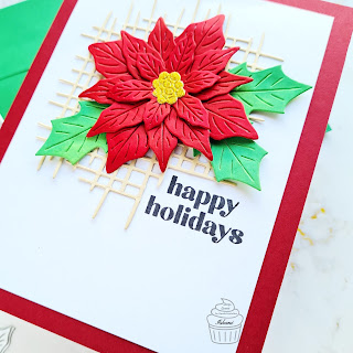 Christmas Poinsettia card, Paper layering Poinsettia Hero Arts , Burlap Texture die Altenew,  Classic Holiday Sentiment stamp Waffle Flower Crafts, Quillish