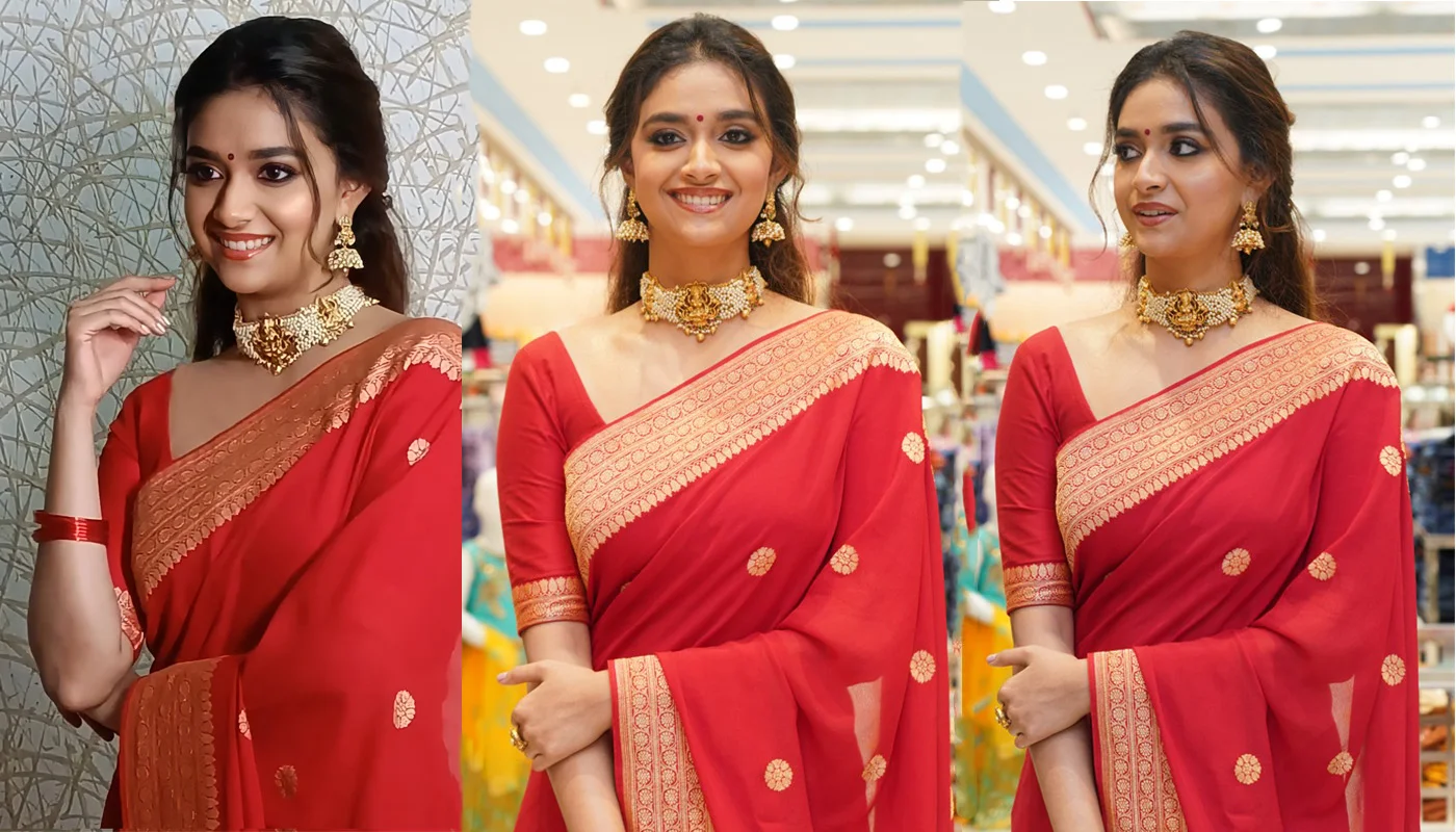 Actress Keerthy Suresh In Traditional Red Saree Pics