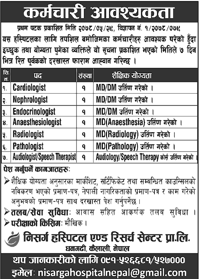 Nisarga Hospital Job Vacancy for Various Position Chetan TM