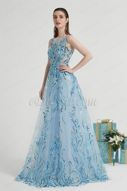 Blue Shiny Sequins Elegant Party Long Evening Dress-eDressit